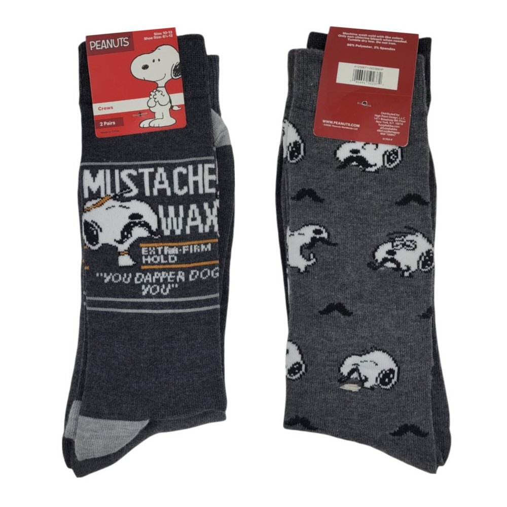 Peanuts, Snoopy Socks, MUSTACHE, Crew Socks - 2 Pairs